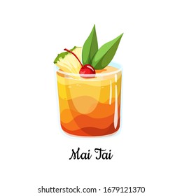 Cocktail Mai Tai in cartoon style for menu, cocktail cards. Contemporary Classic cocktail. Longdrink. Polynesian-style drink popular tiki cocktail with a slice of pineapple. Summer drink icon.