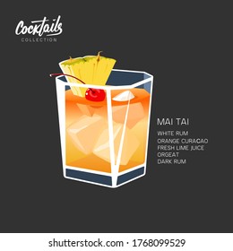 Cocktail Mai Tai for menu, cocktail cards. Contemporary Classic cocktail. Longdrink. Polynesian-style drink popular tiki cocktail with a slice of pineapple and cherry vector illustration