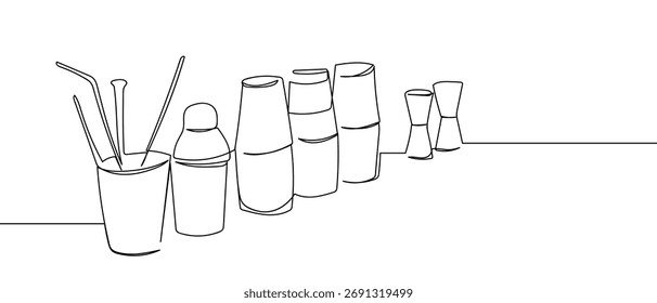 Cocktail fazendo equipamentos, linha contínua desenhado à mão rabiscar Uma linha design vetor ilustração 