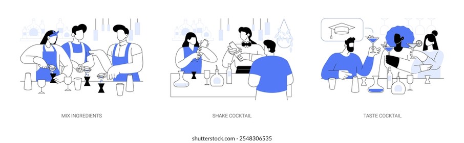 Cocktail making workshop isolated cartoon vector illustrations set. Young people mixing ingredients, professional barmen master class, shaking cocktail with shaker, tasting drinks vector cartoon.