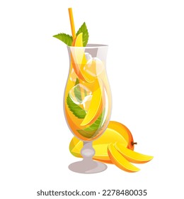 Cocktail with mango.Summer, refreshing drink, lemonade with mint, mango pieces.Vector illustration.