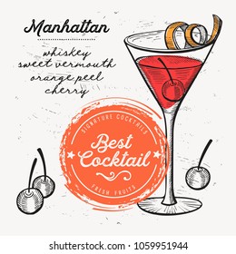 Cocktail manhattan for bar menu. Vector drink flyer for restaurant and cafe. Design poster with vintage hand-drawn illustrations.