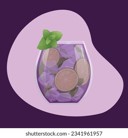Cocktail Manhattan with lime, ice, Bourbon and wine. Beach Holidays, summer vacation, party, cafe-bar, recreation concept. Vector illustration for banner, menu.