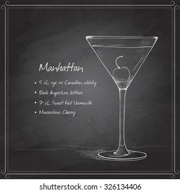 Cocktail manhattan on black board with ingredients. Alcohol cocktails theme.