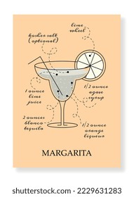 Cocktail Margarita banner. Alcoholic drink with lemon, symbol of rest in tropical and exotic countries. Graphic element for printing on fabric. Fashion and style. Cartoon flat vector illustration