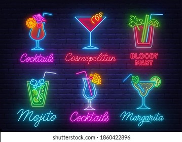 Cocktail Margarita, Blue Hawaiian,Mojito,Bloody Mary, Cosmopolitan and Tequila sunrise neon sign on brick wall background.