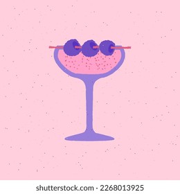 Cocktail margarita glass. Alcohol drink with blueberries. Festive pink drink for bar and party. Flat vector illustration with texture. simple purple retro poster