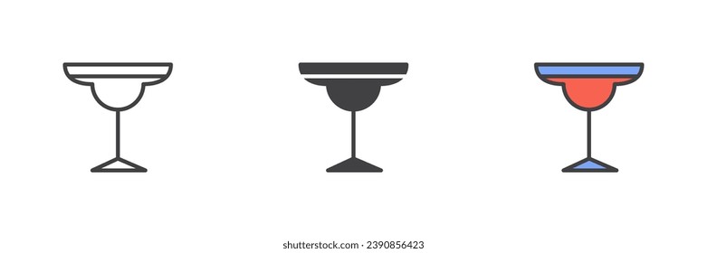 Cocktail margarita glass different style icon set. Line, glyph and filled outline colorful version, outline and filled vector sign. Bar symbol, logo illustration. Vector graphics