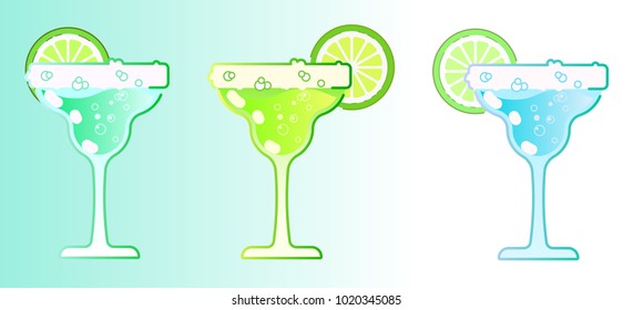 Cocktail margarita, glass, lemon. Style is flat. Vector. Set.