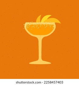 Cocktail margarita glass. Orange alcohol drink with citrus zest and rum. Drink for bar and event. Flat vector illustration with texture. Simple retro poster