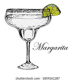 cocktail margarita in a glass of margarita with a slice of lime. Vektor.Hand drawn. On white background