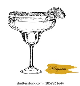 cocktail margarita in a glass of margarita with a slice of lime. Vektor.Hand drawn. On white background