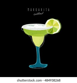 Cocktail Margarita with lime on black background. Vector, illustration, flat