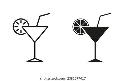 Cocktail Margarita Line and Silhouette Icon Set. Tropical Coctail. Ice Summer Cocktail Glass with Straw and Lime Sign. Drink Martini, Liquor, Vodka, Champagne Pictogram. Isolated Vector Illustration.