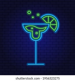 Cocktail Margarita Neon Design Element. Glass of Cocktail with Lime. Cocktail Bar, Pub. Popular Alcoholic cocktail. Glowing Vector illustration of Drinks promotion.