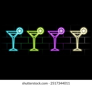 Cocktail Margarita Neon Design Element. Glass of Cocktail with Lime. Cocktail Bar, Pub. Popular Alcoholic cocktail. Glowing Vector illustration of Drinks promotion..