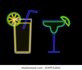 Cocktail Margarita Neon Design Element. Glass of Cocktail with Lime. Cocktail Bar, Pub. Popular Alcoholic cocktail. Glowing Vector illustration of Drinks promotion..