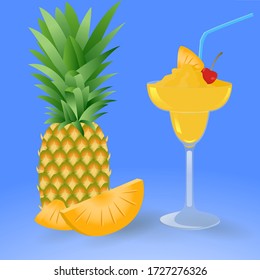 Cocktail Margarita with pineapple on blue background