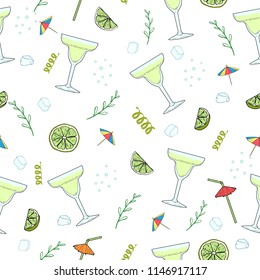 Cocktail Margarita. Seamless pattern with hand drawn glass of fresh cocktail, straw, lime, ice, decor elements. Vector summer illustration for design, Website, Background, Banner, Menu, Template.