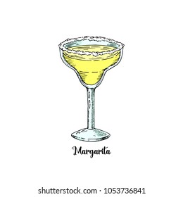 Cocktail margarita in sketch style for menu, cocktail cards. Contemporary Classic cocktail.  Tequila drink. 