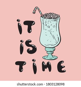 Cocktail with marshmallows on a gentle background. Vector illustration for birthday, congratulations, anniversary, parties, banners, cards, invitations, holidays.