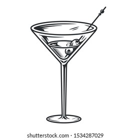 Cocktail martini glass with olives monochrome vector