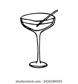cocktail in a martini glass on a long stem with a stick or toothpick. hand drawn cocktail drawing svg