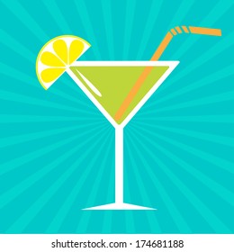 Cocktail in martini glass. Sunburst background.  Vector illustration.