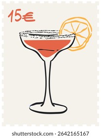 Cocktail or martini postage stamps. Vector illustration of glass with martini, margarita or daiquiri perfect for print, placards or poster and wall art design. Vacation postal sticker.