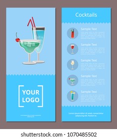 Cocktail menu advertisement poster with closeup of martini and blue lagoon vector illustration of drinks ingredients, types and price cocktails