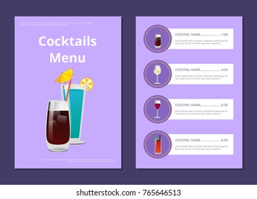 Cocktail menu advertisement poster with closeup of whiskey cola and blue lagoon, vector illustration of drinks ingredients, types and price on purple
