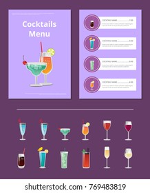 Cocktail menu advertisement poster with prices vector illustration of drinks and ingredients, types and price on purple background alcohol collection