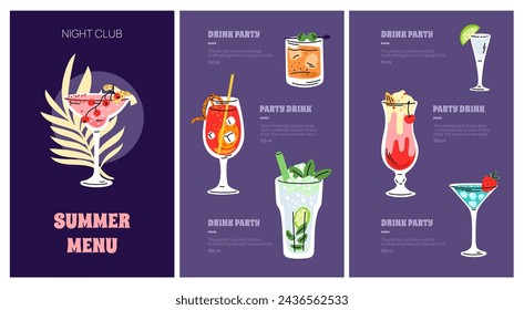 Cocktail menu. Alcohol drinks list with volume and composition. Bar brochure template. Exotic party beverages. Cold mojito. Refreshing pine colada. Margarita glass