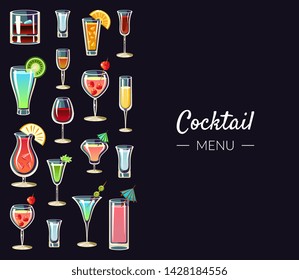 Cocktail Menu Banner Template, Alcoholic Beverages, Bar, Restaurant, Cafe, Party Invitation, Card, Flyer Vector Illustration