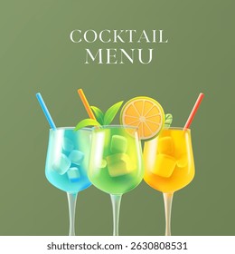 Cocktail menu. Banner for web design. 3D cocktails in glass glasses, fruits, and mint. For advertising concepts and promotion of refreshing drinks. Vector illustration.