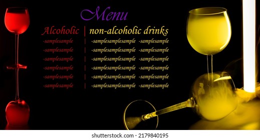 Cocktail menu concept for bar or restaurant on a black background with a red and yellow text. Two red wine glasses on the left side and two yellow on the right side with a smoke and source of light . 