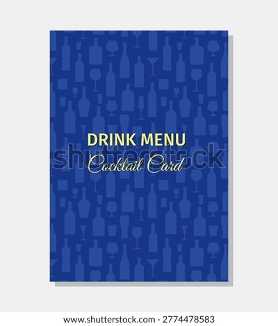 Cocktail menu cover design. Drinks template with alcohol beverages, bottles and glasses pattern background. Vector illustration. Restaurant alcoholic drinks menu.