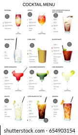 Cocktail menu with description of cocktail recipes and price list. A set of popular summer alcoholic cocktails. Vector illustration