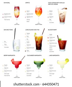 Cocktail menu with description of recipes. A set of alcoholic cocktails isolated on white background. Vector