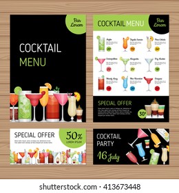 Cocktail Menu Design. Alcohol Drinks. A4 Size And Flyer Layout Template. Bar Menu Brochure With Modern Graphic. Front Page And Back Page. Vector Illustration.