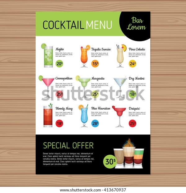 Cocktail Menu Design Alcohol Drinks A4 Stock Vector (Royalty Free ...