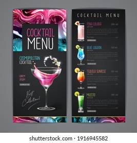 Cocktail menu design with alcohol ink texture. Marble texture background.