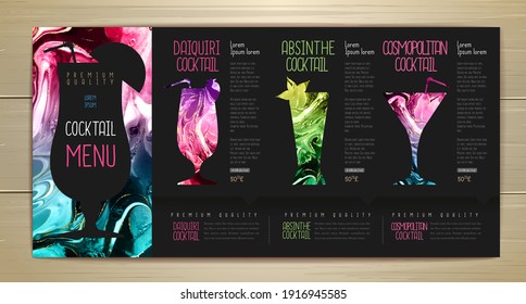 Cocktail menu design with alcohol ink texture. Marble texture background.