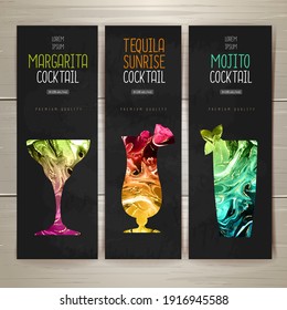 Cocktail menu design with alcohol ink texture. Marble texture background.