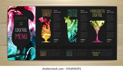 Cocktail menu design with alcohol ink texture. Marble texture background.