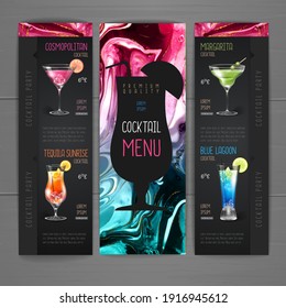 Cocktail menu design with alcohol ink texture. Marble texture background.
