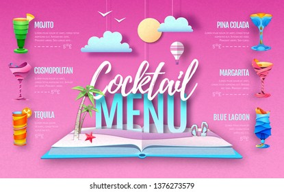 Cocktail menu design. Cut out paper art style design. Origami