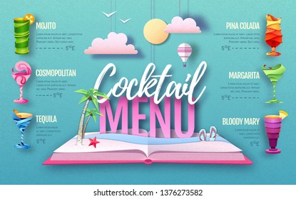 Cocktail menu design. Cut out paper art style design. Origami