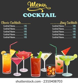 Cocktail menu design with cocktail glasses. Vector image EPS10.