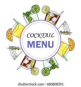 Cocktail menu design. Hand drawing alcohol cocktail. Vector illustration in cartoon style for restaurant and bar.